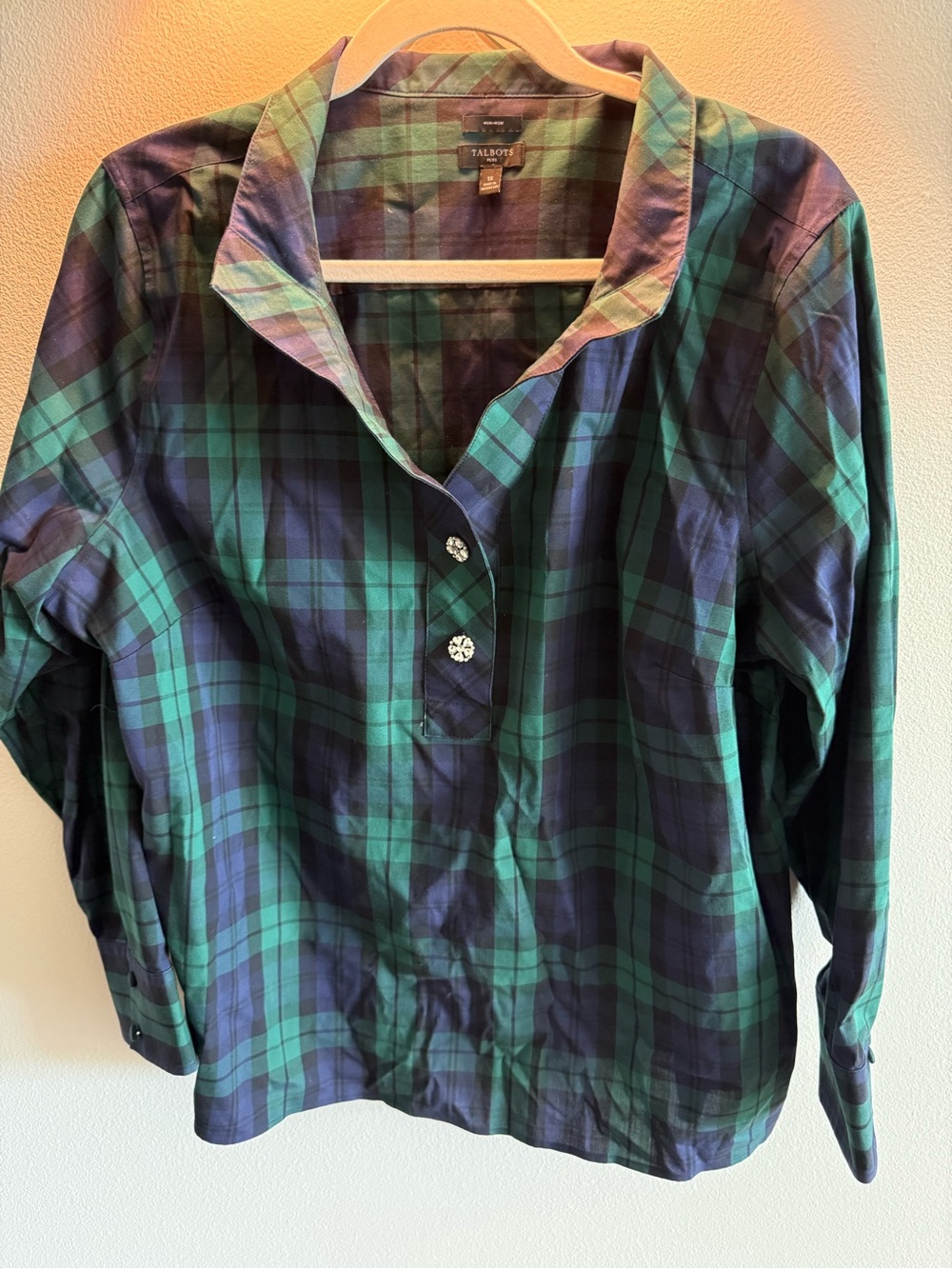 Talbots Green and Navy Plaid Sparkly Button-Front Shirt